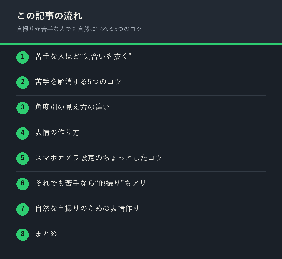 自撮りが苦手な人でも自然に写れる5つのコツの記事の流れを解説した図解