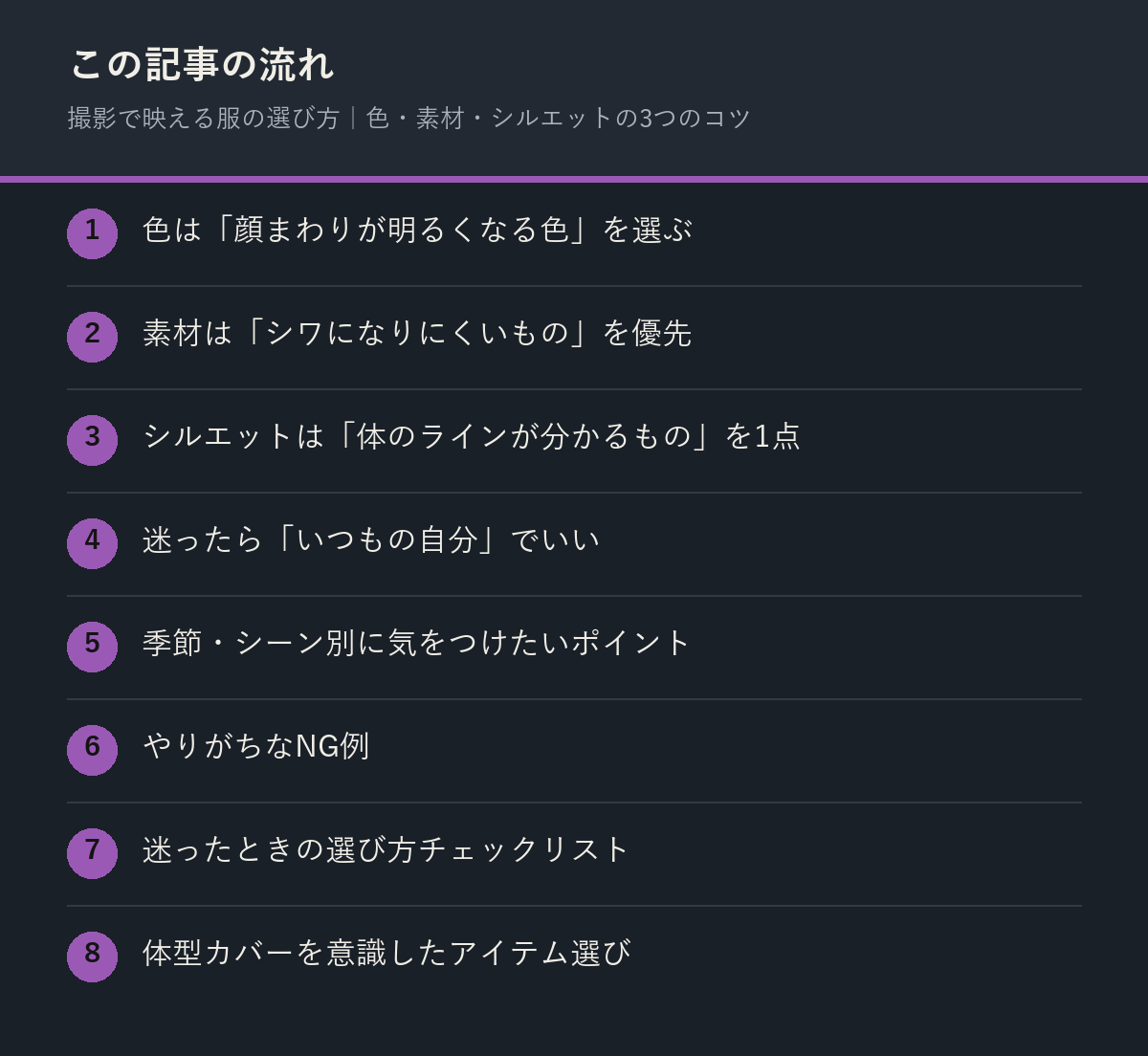 撮影で映える服の選び方｜色・素材・シルエットの3つのコツの記事の流れを解説した図解