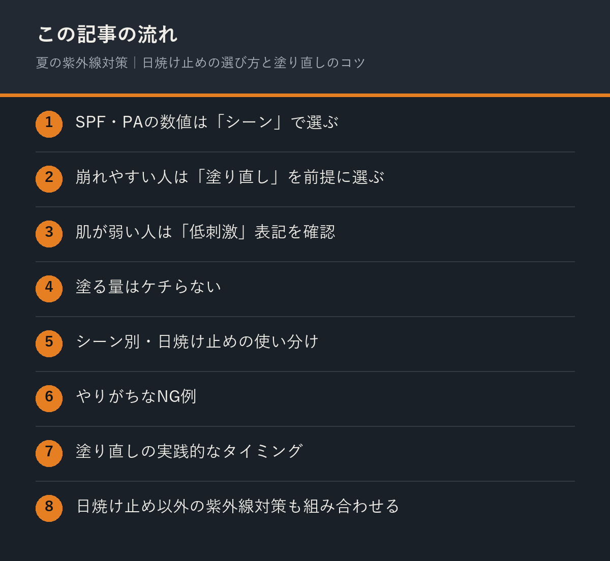 夏の紫外線対策｜日焼け止めの選び方と塗り直しのコツの記事の流れを解説した図解