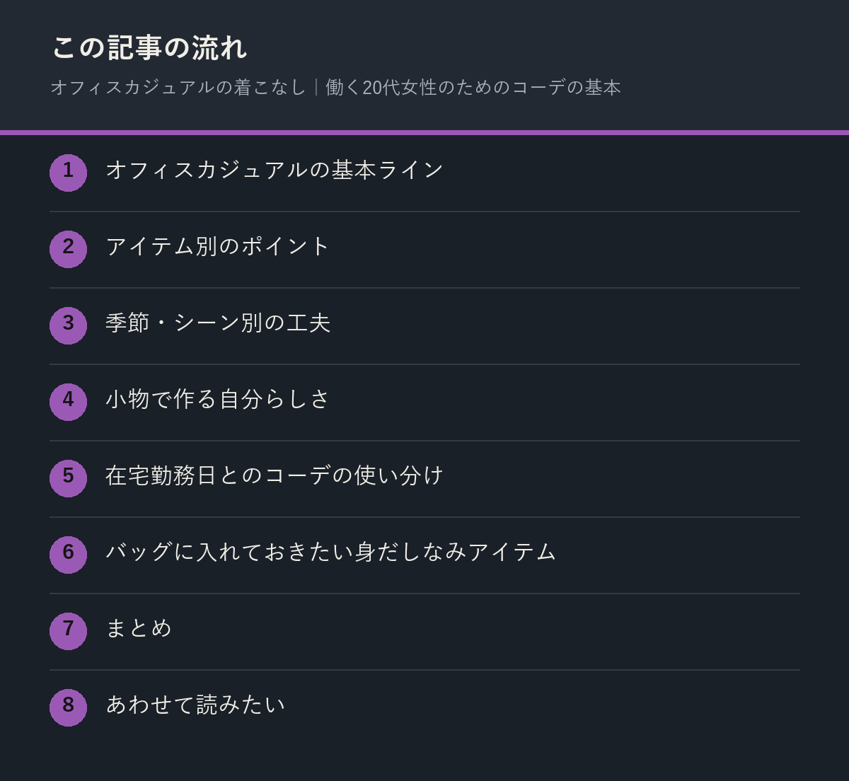 オフィスカジュアルの着こなし｜働く20代女性のためのコーデの基本の記事の流れを解説した図解