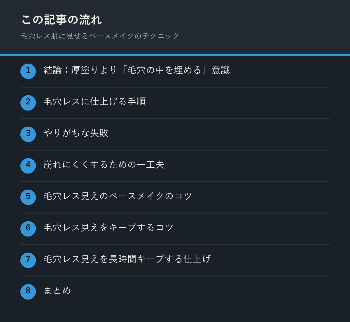 毛穴レス肌に見せるベースメイクのテクニックの記事の流れを解説した図解