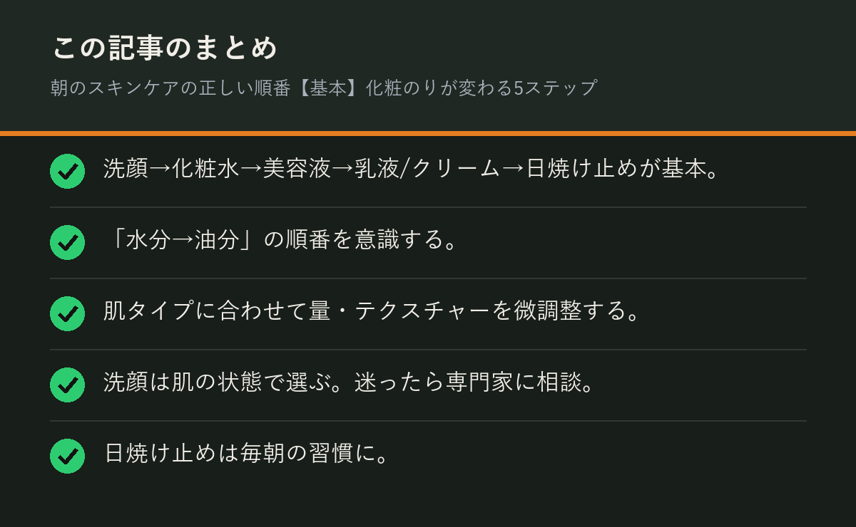 朝のスキンケアの正しい順番【基本】化粧のりが変わる5ステップのまとめを解説した図解