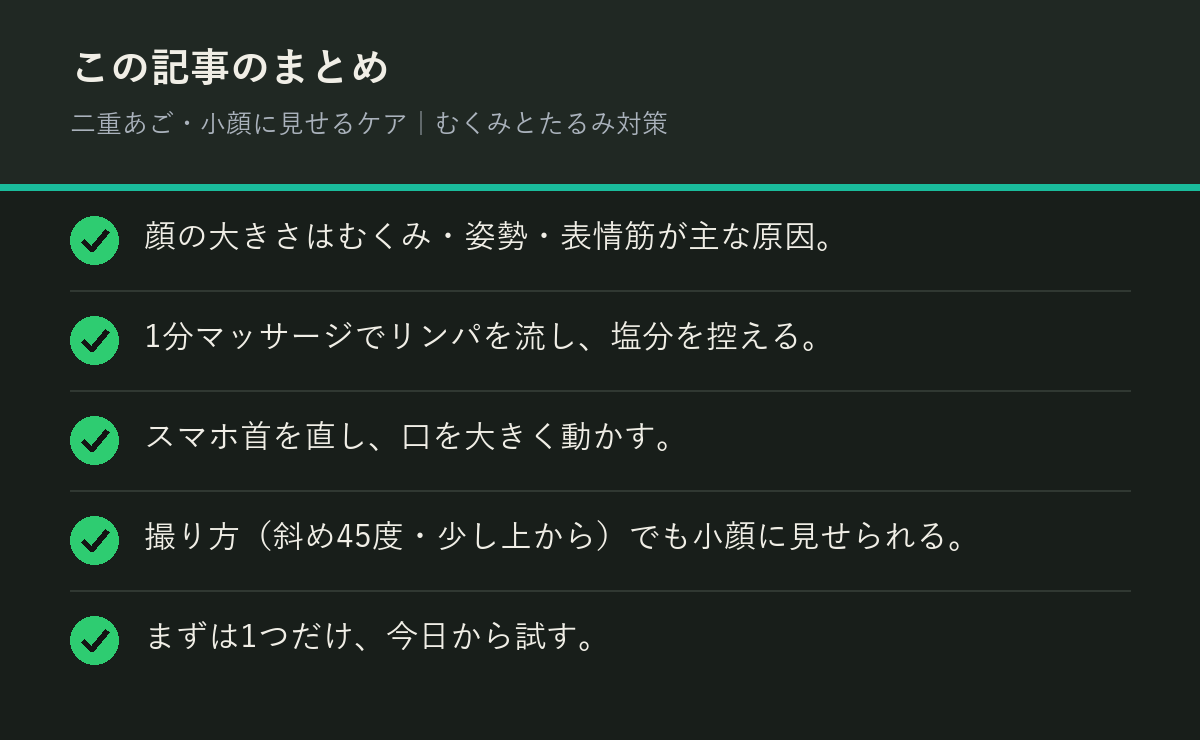 二重あご・小顔に見せるケア｜むくみとたるみ対策のまとめを解説した図解