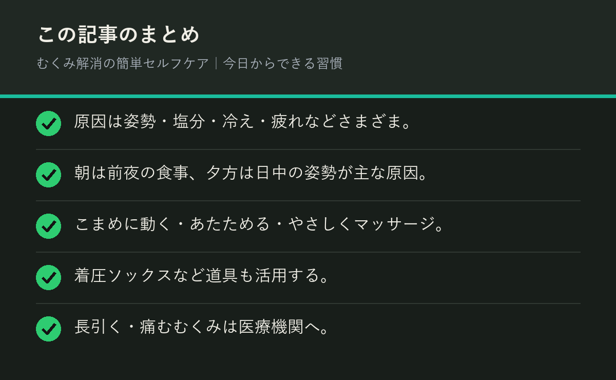 むくみ解消の簡単セルフケア｜今日からできる習慣のまとめを解説した図解