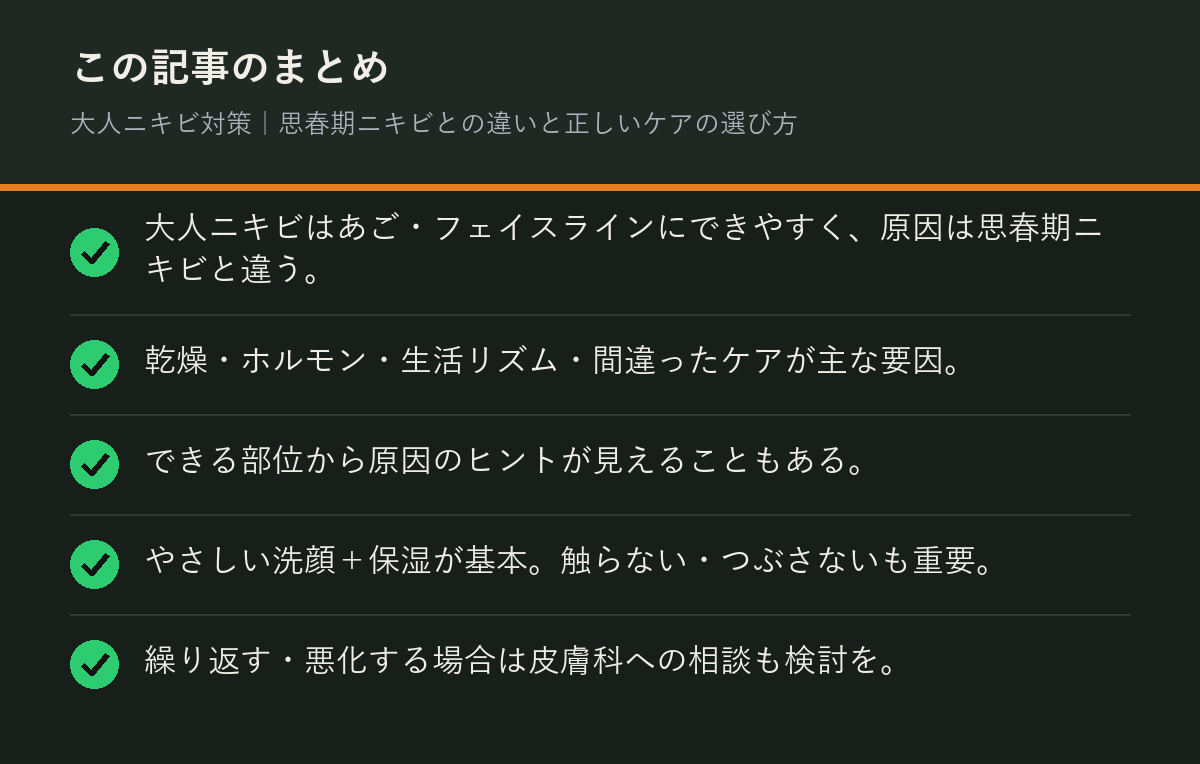 大人ニキビ対策｜思春期ニキビとの違いと正しいケアの選び方のまとめを解説した図解
