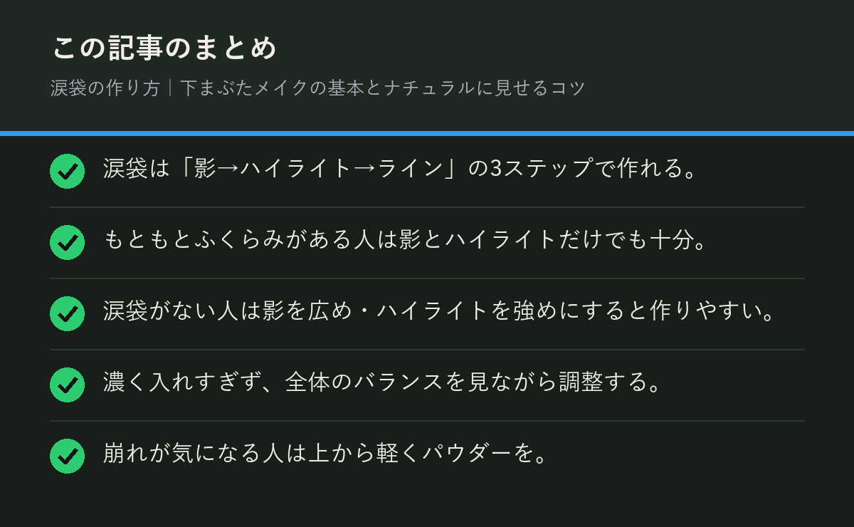涙袋の作り方｜下まぶたメイクの基本とナチュラルに見せるコツのまとめを解説した図解