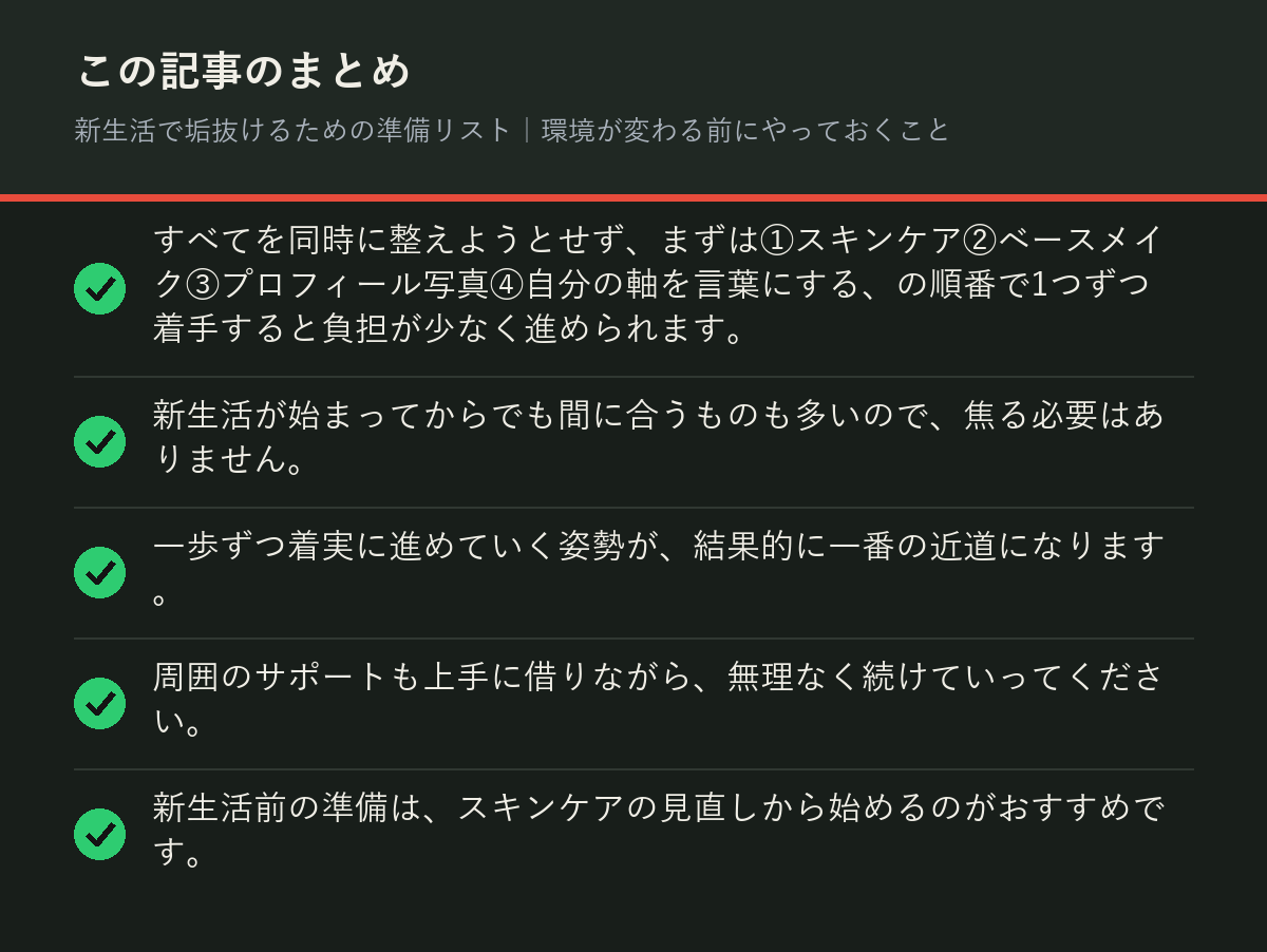 新生活で垢抜けるための準備リスト｜環境が変わる前にやっておくことのまとめを解説した図解