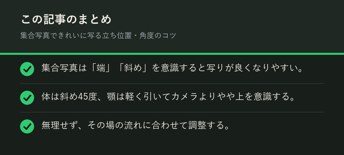 集合写真できれいに写る立ち位置・角度のコツのまとめを解説した図解