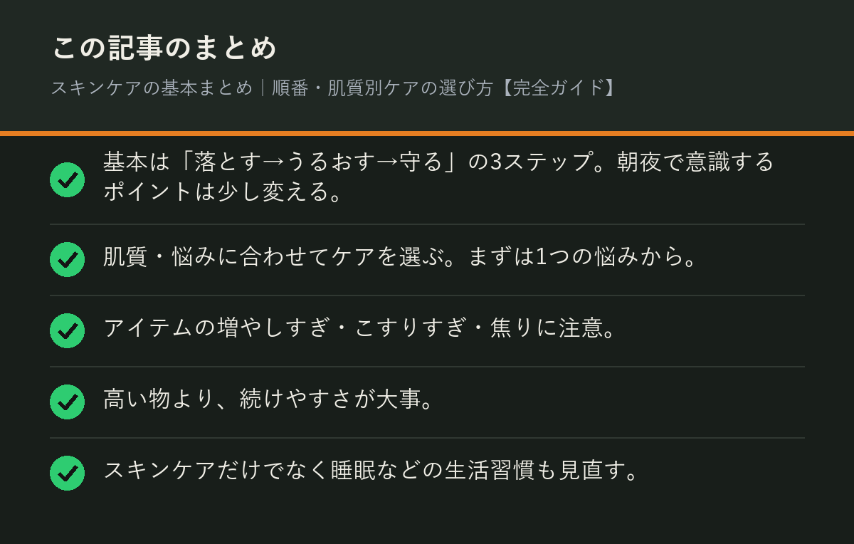 スキンケアの基本まとめ｜順番・肌質別ケアの選び方【完全ガイド】のまとめを解説した図解